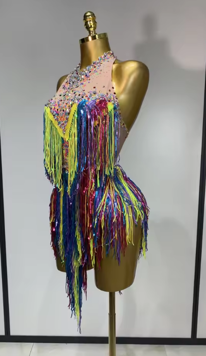 Tabia backless luxury bodysuit encrusted with sparkly rhinestones and long tassels for a glamorous birthday or stage outfit.