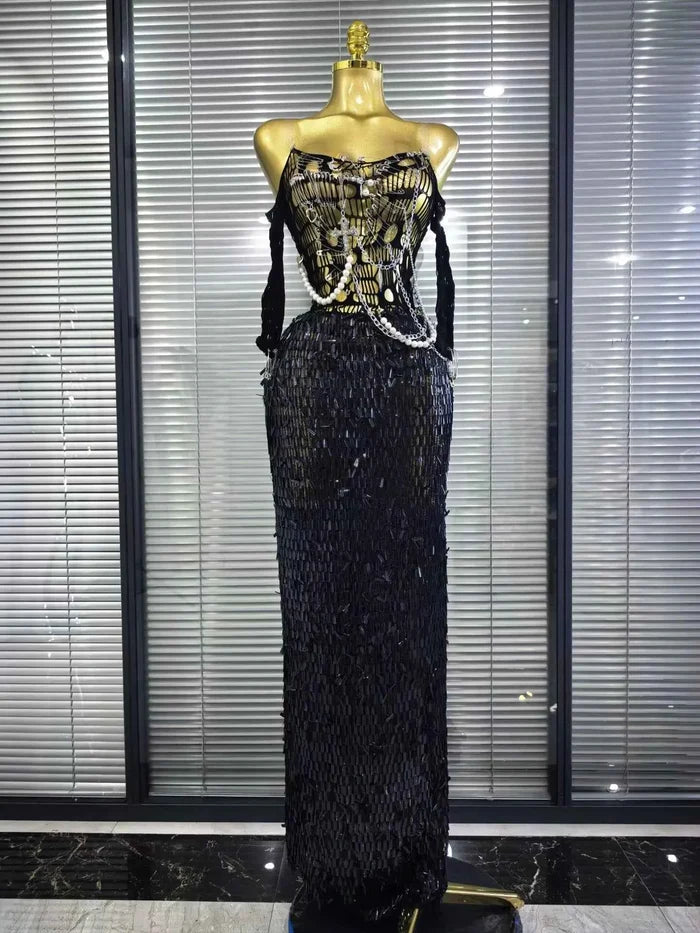 Tamara sequin off-shoulder hollow-out bodycon maxi dress with high-stretch fabric and a glamorous figure-hugging silhouette