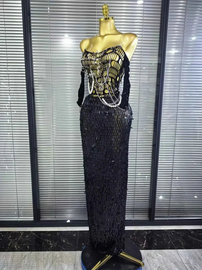 Tamara sequin off-shoulder hollow-out bodycon maxi dress with high-stretch fabric and a glamorous figure-hugging silhouette