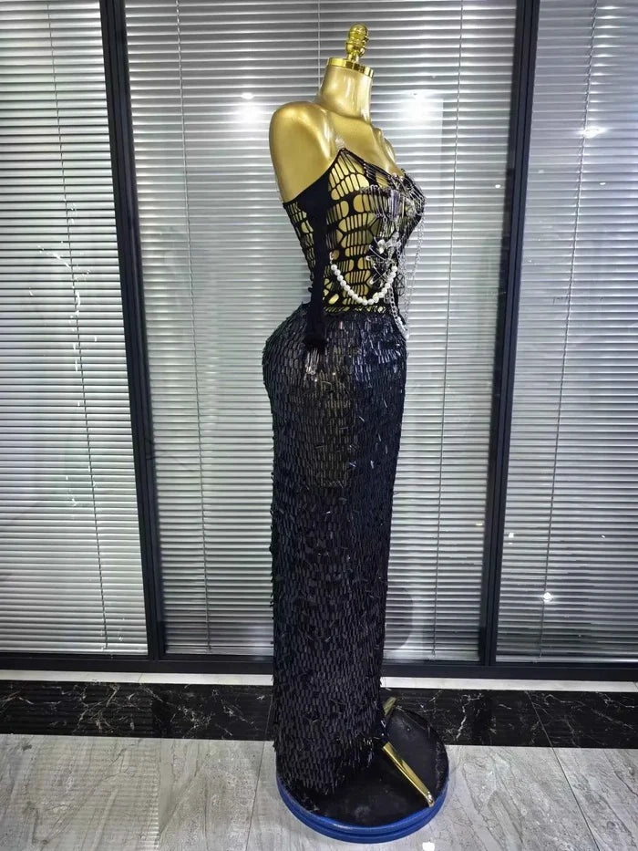 Tamara sequin off-shoulder hollow-out bodycon maxi dress with high-stretch fabric and a glamorous figure-hugging silhouette