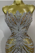 Tamara strapless see-through mini dress encrusted with shining diamonds and crystals for a luxury party look.