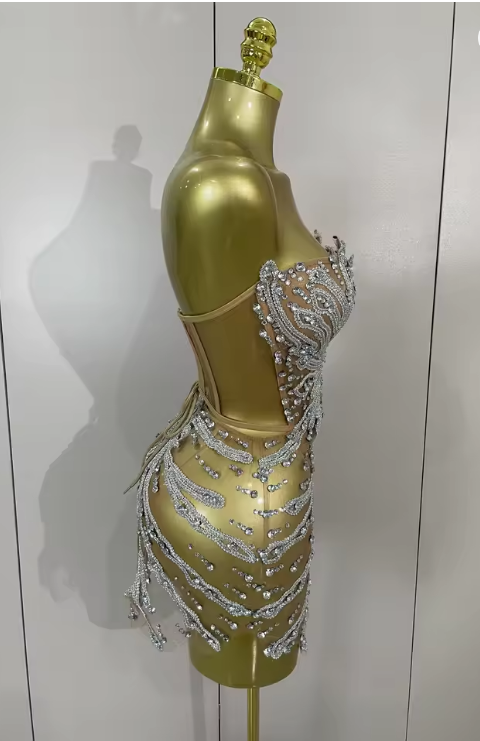 Tamara strapless see-through mini dress encrusted with shining diamonds and crystals for a luxury party look.