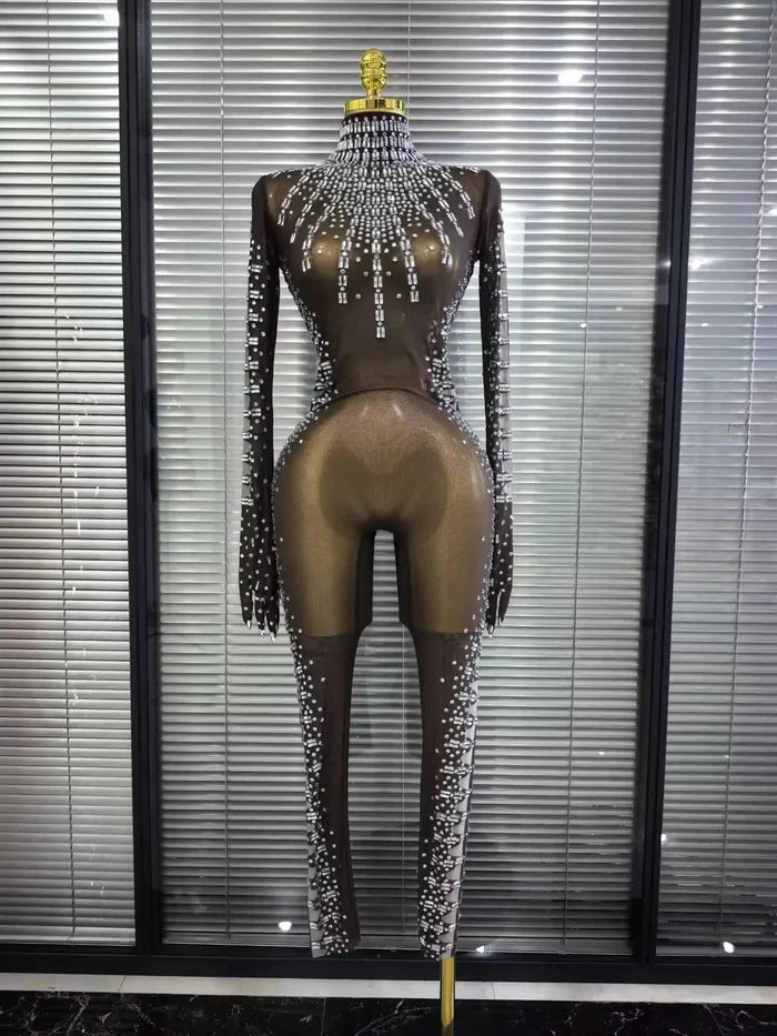 Tamika Crystal Mesh Long Sleeve See-Through Bodycon Jumpsuit