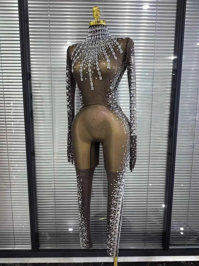 Tamika Crystal Mesh Long Sleeve See-Through Bodycon Jumpsuit