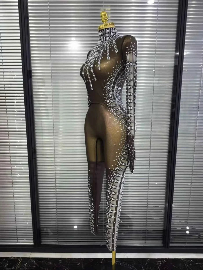 Tamika Crystal Mesh Long Sleeve See-Through Bodycon Jumpsuit