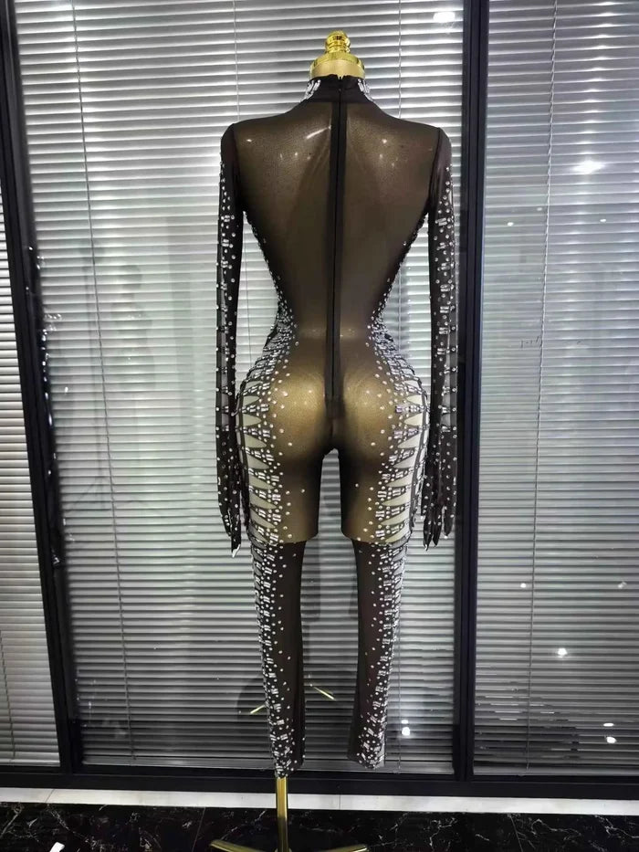 Tamika Crystal Mesh Long Sleeve See-Through Bodycon Jumpsuit