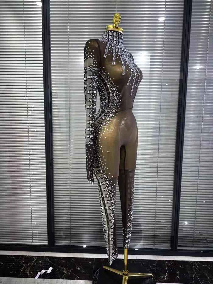 Tamika crystal mesh long sleeve see-through bodycon jumpsuit for nightclub and stage performance
