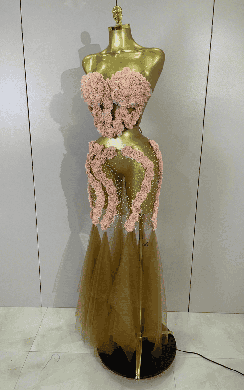 Sparkly rhinestone flower two-piece mesh set with sexy see-through design and fitted silhouette
