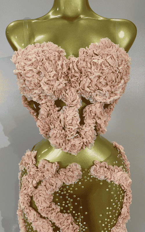 Sparkly rhinestone flower two-piece mesh set with sexy see-through design and fitted silhouette