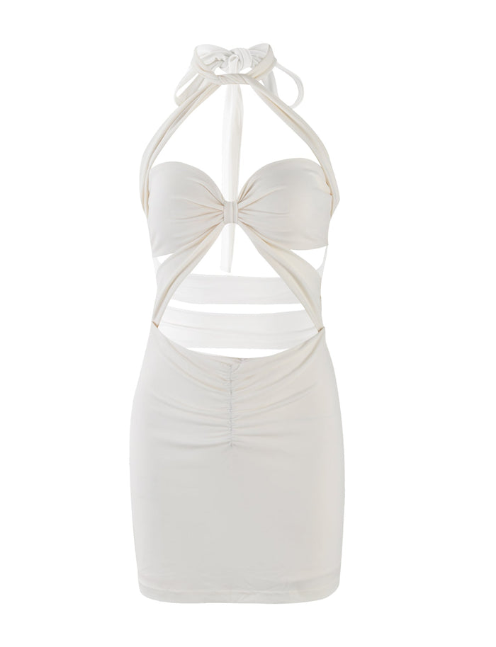 The TAMSIN MINI DRESS - WHITE : OFF WHITE : IVORY by TIGERMIST features a knotted front with cutout details around the waist and below the bust. This elegant mini dress has a fitted, ruched design with smooth, sleek fabric, exuding a stylish appearance.