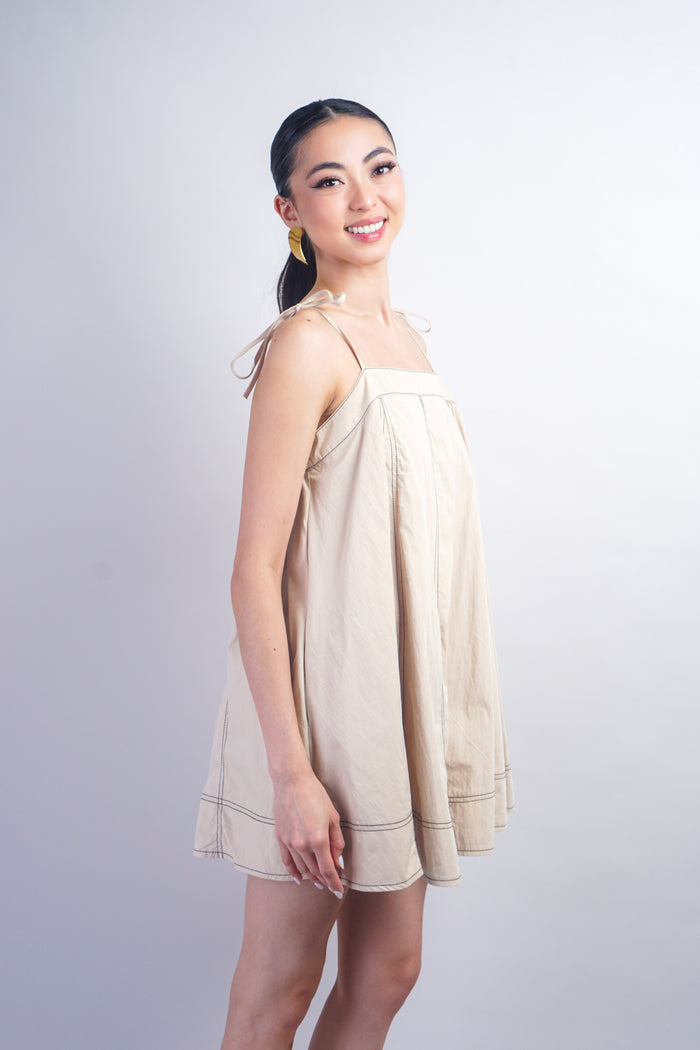 Taupe Black Top Stitch Trapeze Dress