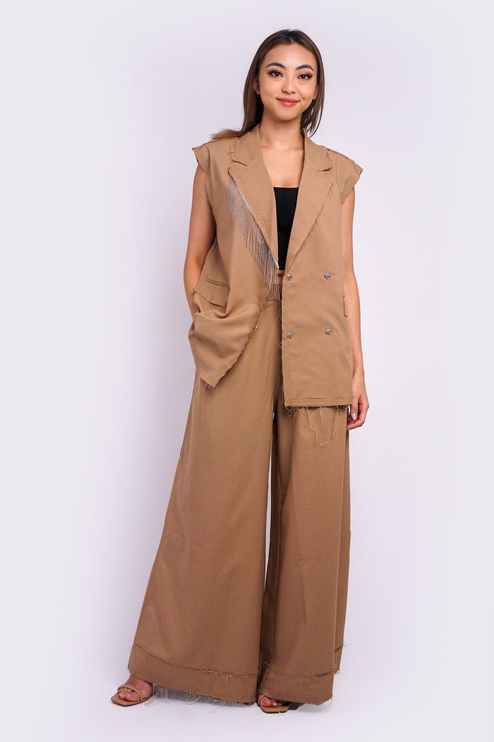 DCD BOTTOMS Taupe Raw Edge Wide Leg Pants