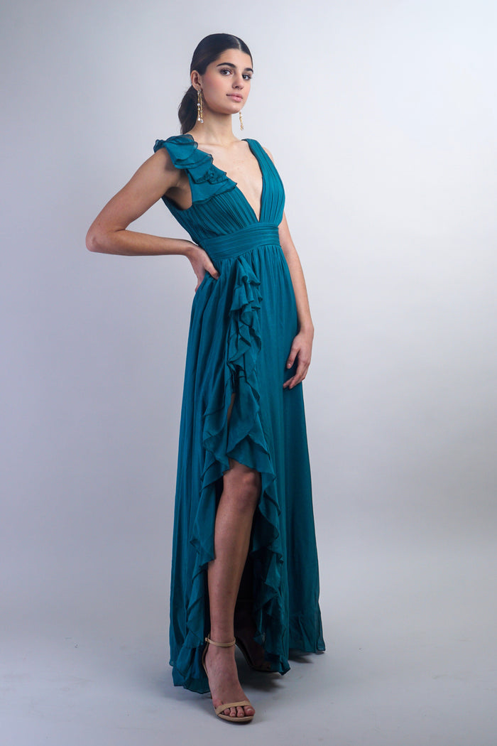 Private Label DRESSES Teal Pleated Ruffle Slit Gown