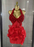 Tenisha Sparkly Red Crystal Women Sexy Halter Backless Flowers Bodycon
