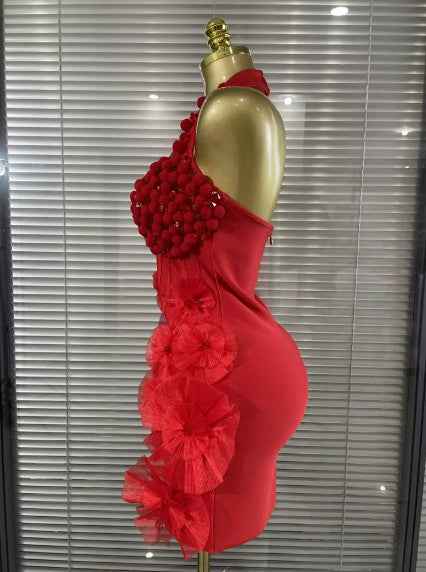 Tenisha Sparkly Red Crystal Women Sexy Halter Backless Flowers Bodycon