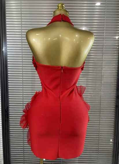 Tenisha Sparkly Red Crystal Women Sexy Halter Backless Flowers Bodycon