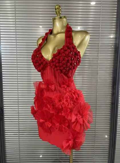 Tenisha Sparkly Red Crystal Women Sexy Halter Backless Flowers Bodycon