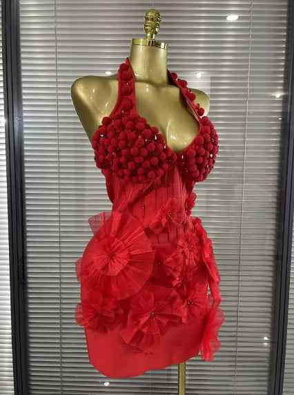 Tenisha Sparkly Red Crystal Women Sexy Halter Backless Flowers Bodycon