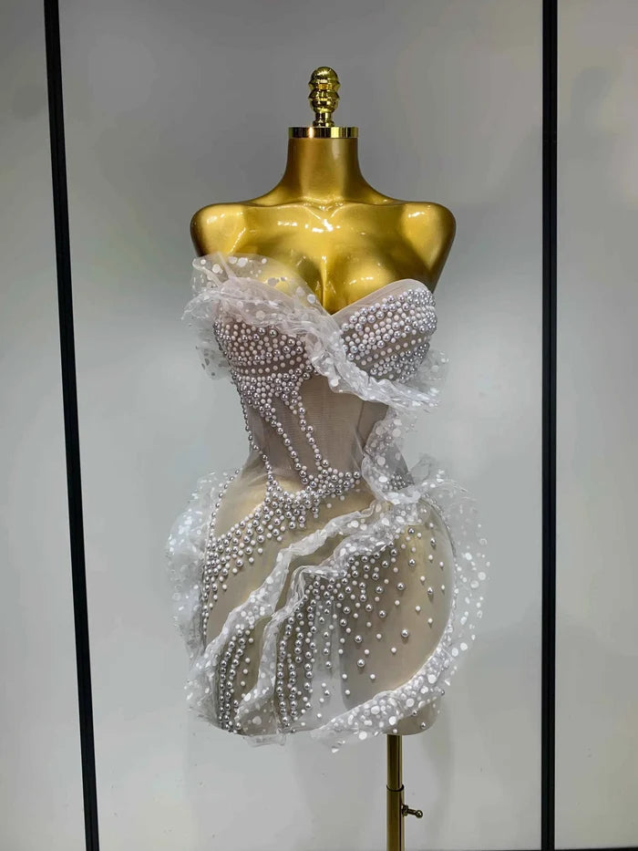 Tiara Sexy Strapless Pearl Ruched Bodycon Mini Dress