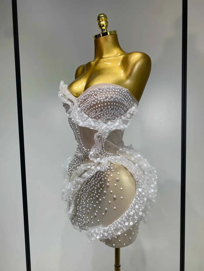 Tiara Sexy Strapless Pearl Ruched Bodycon Mini Dress