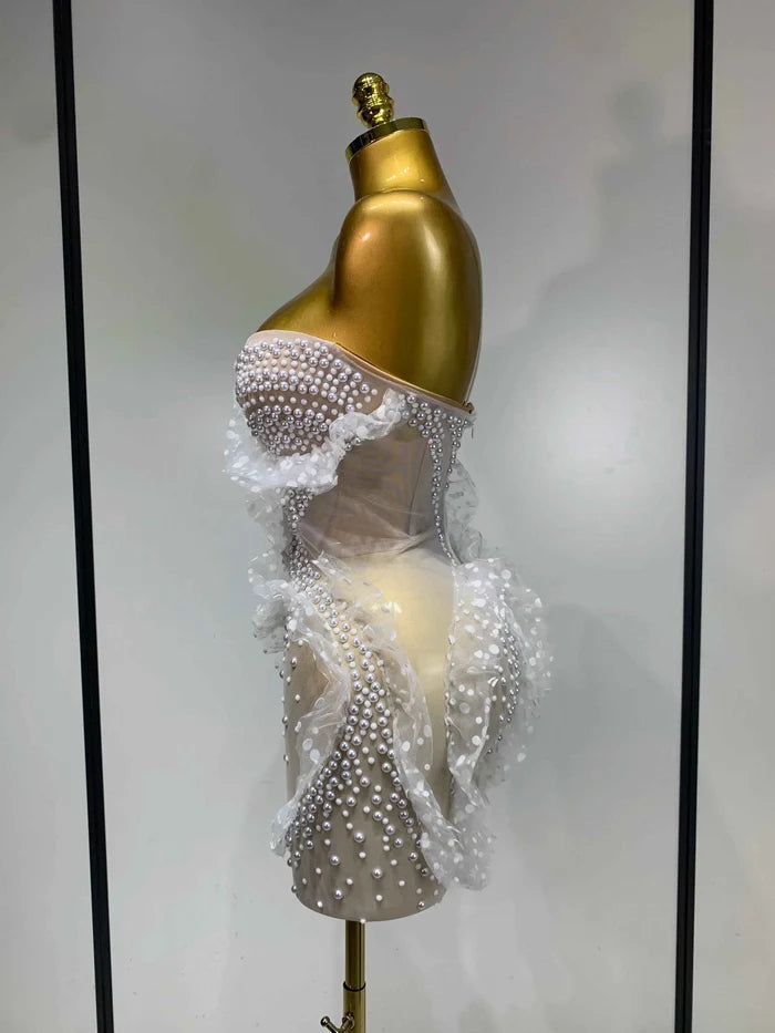 Tiara Sexy Strapless Pearl Ruched Bodycon Mini Dress