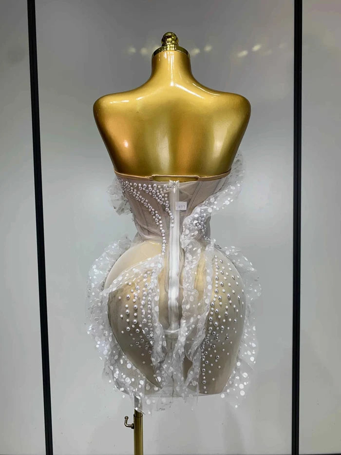 Tiara Sexy Strapless Pearl Ruched Bodycon Mini Dress