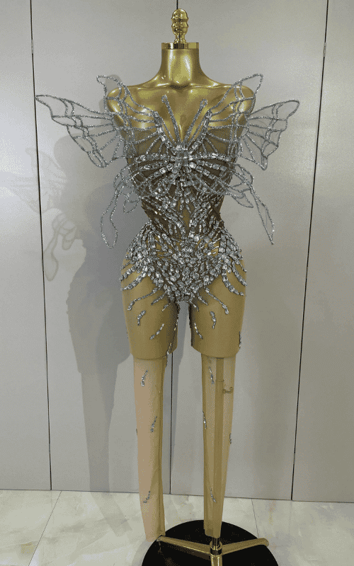 Tiffany 3D butterfly strapless mesh jumpsuit for women. Sexy sheer outfit for parties, stage wear, birthdays, and nightlife events.