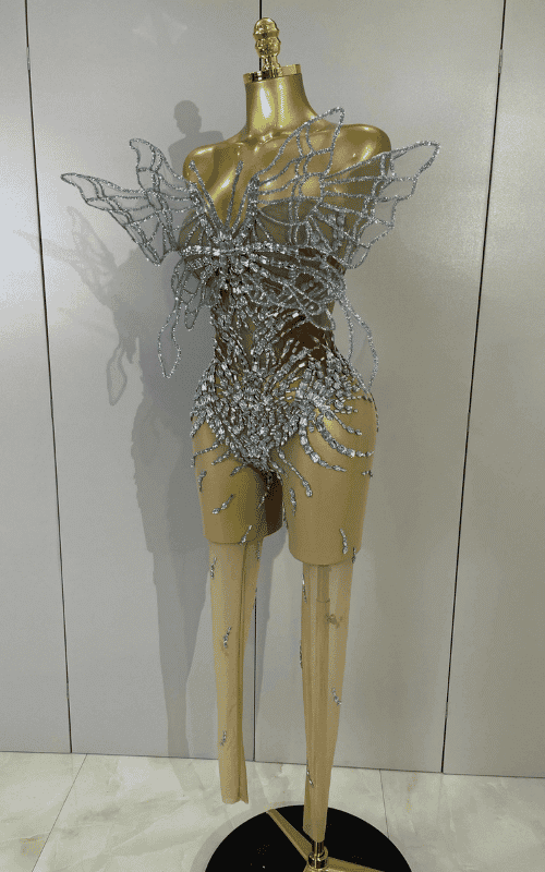 Tiffany 3D butterfly strapless mesh jumpsuit for women. Sexy sheer outfit for parties, stage wear, birthdays, and nightlife events.