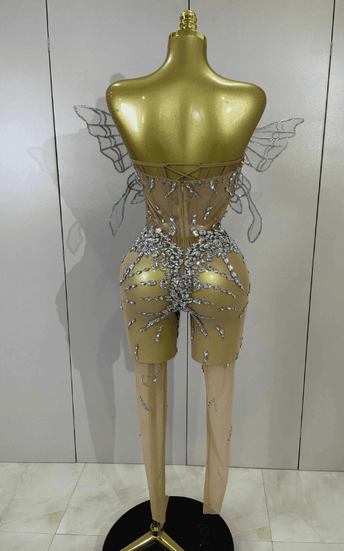 Tiffany 3D butterfly strapless mesh jumpsuit for women. Sexy sheer outfit for parties, stage wear, birthdays, and nightlife events.