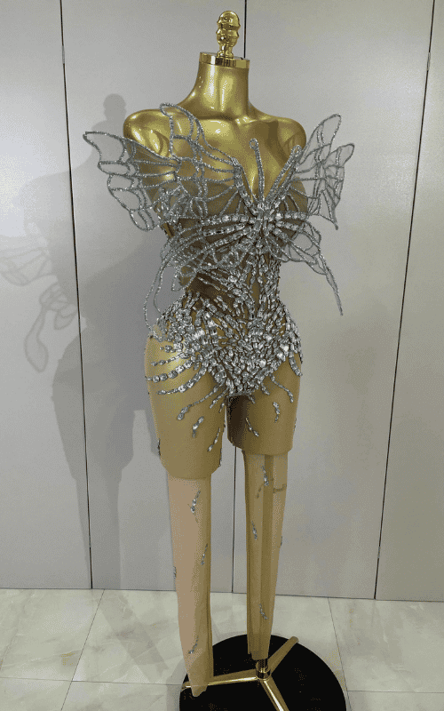 Tiffany 3D butterfly strapless mesh jumpsuit for women. Sexy sheer outfit for parties, stage wear, birthdays, and nightlife events.