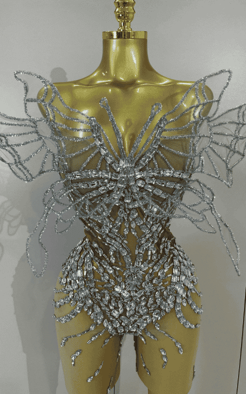 Tiffany 3D butterfly strapless mesh jumpsuit for women. Sexy sheer outfit for parties, stage wear, birthdays, and nightlife events.