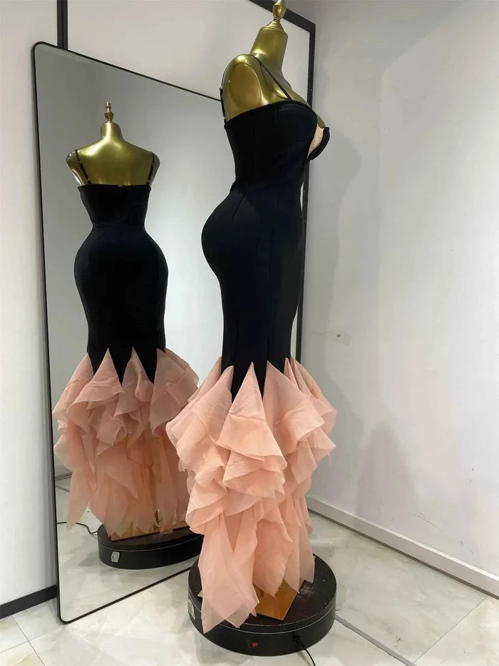 Tiffany Black Spaghetti Strap Light Pink Sheer Sewing Hem Bodycon Dress