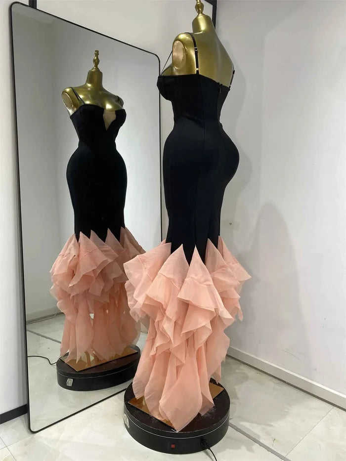 Tiffany Black Spaghetti Strap Light Pink Sheer Sewing Hem Bodycon Dress