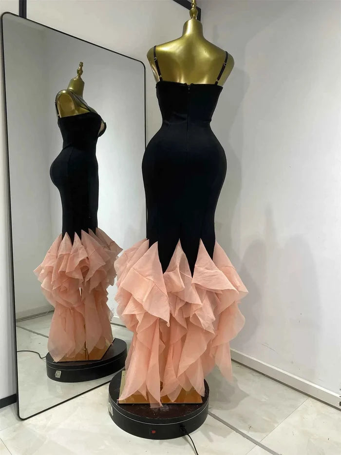Tiffany Black Spaghetti Strap Light Pink Sheer Sewing Hem Bodycon Dress