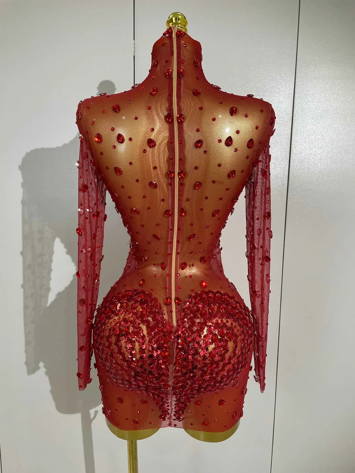 Women Red Sparkly Diamonds Sequins Mesh See Through Long Sleeves Mini Dress Eveing Birthday Party Sexy Nightclub Stage Costume