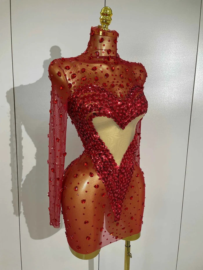 Women Red Sparkly Diamonds Sequins Mesh See Through Long Sleeves Mini Dress Eveing Birthday Party Sexy Nightclub Stage Costume