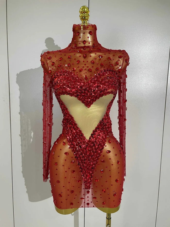 Women Red Sparkly Diamonds Sequins Mesh See Through Long Sleeves Mini Dress Eveing Birthday Party Sexy Nightclub Stage Costume