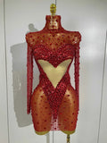 Women Red Sparkly Diamonds Sequins Mesh See Through Long Sleeves Mini Dress Eveing Birthday Party Sexy Nightclub Stage Costume
