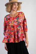 TROPICAL PRINT WOOL PEACH RUFFLED BABYDOLL TOP
