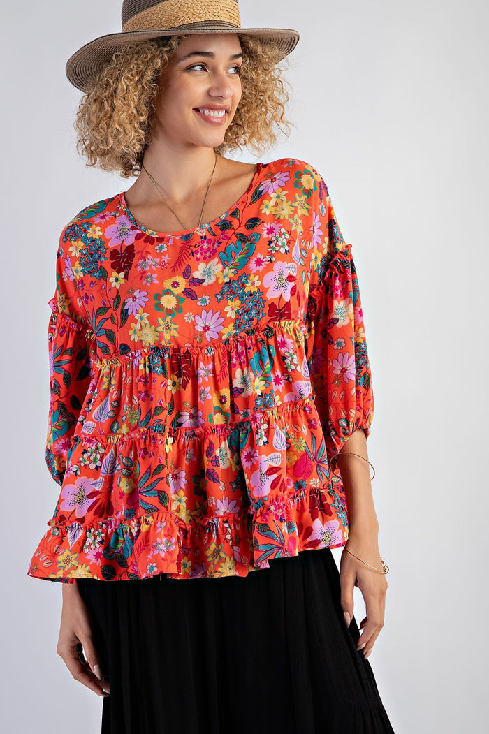 TROPICAL PRINT WOOL PEACH RUFFLED BABYDOLL TOP