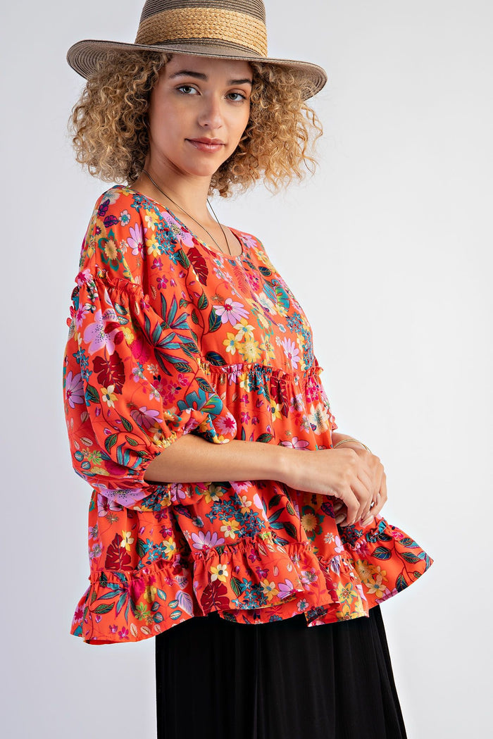 TROPICAL PRINT WOOL PEACH RUFFLED BABYDOLL TOP