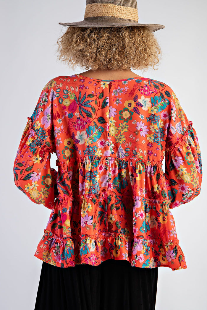 TROPICAL PRINT WOOL PEACH RUFFLED BABYDOLL TOP
