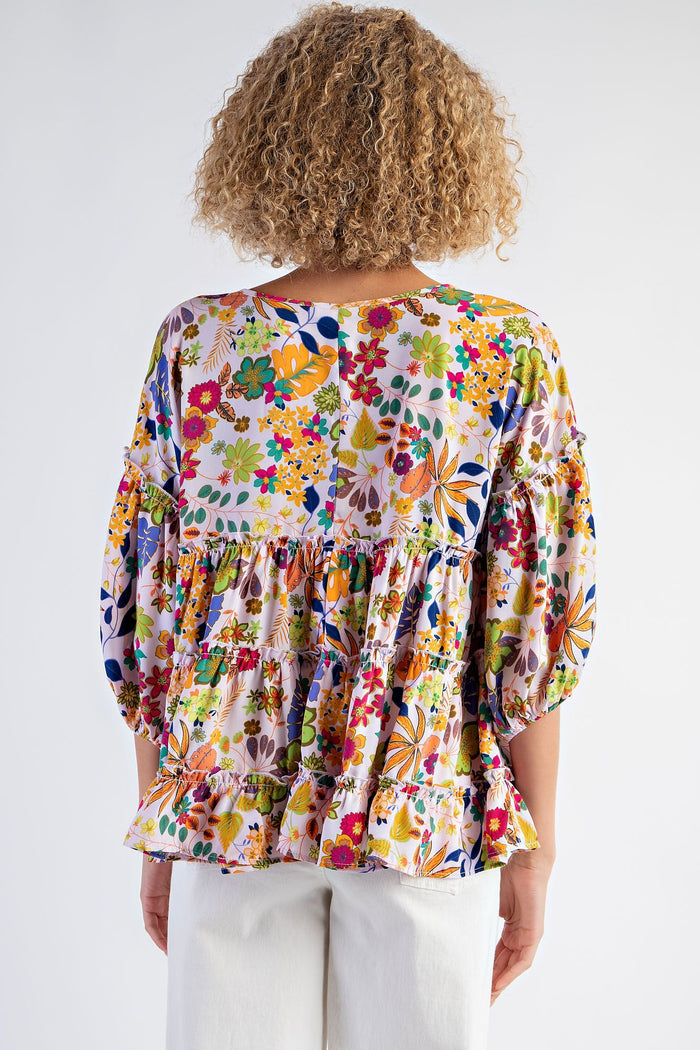 TROPICAL PRINT WOOL PEACH RUFFLED BABYDOLL TOP