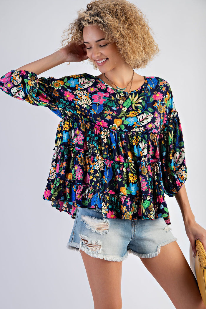 TROPICAL PRINT WOOL PEACH RUFFLED BABYDOLL TOP