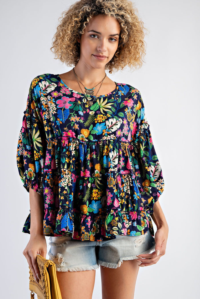 TROPICAL PRINT WOOL PEACH RUFFLED BABYDOLL TOP