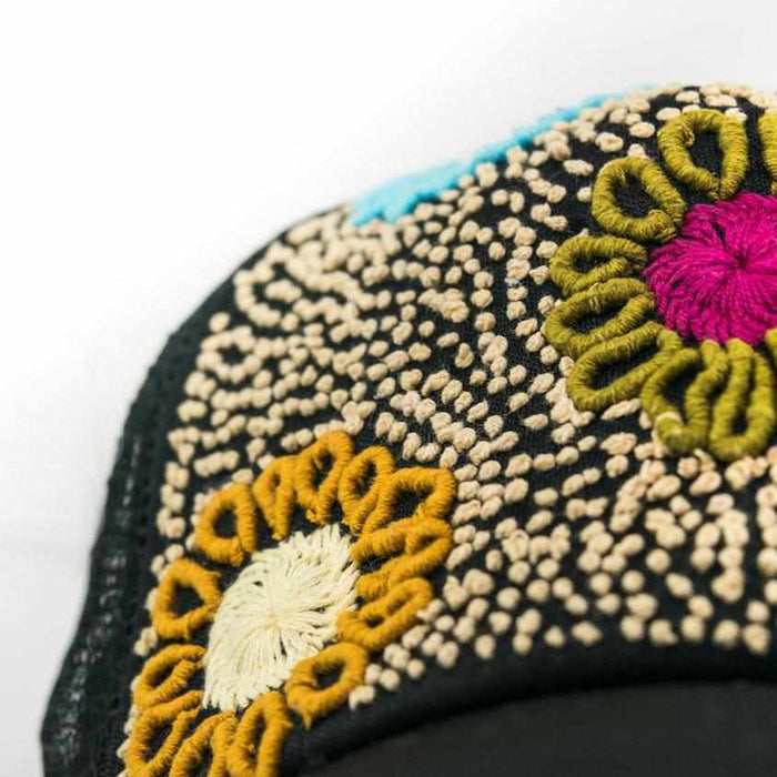 Tulum Hand Embroidered Trucker Flower Hat - Black
