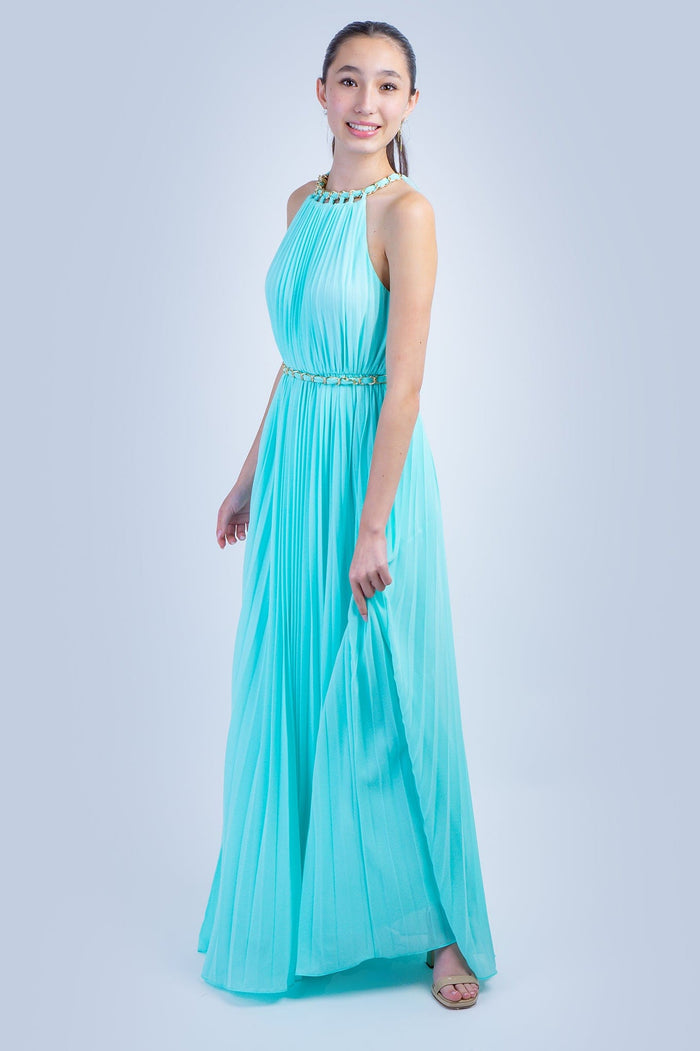 DCD GOWNS Mint Braided Chain  Pleated Halter Gown