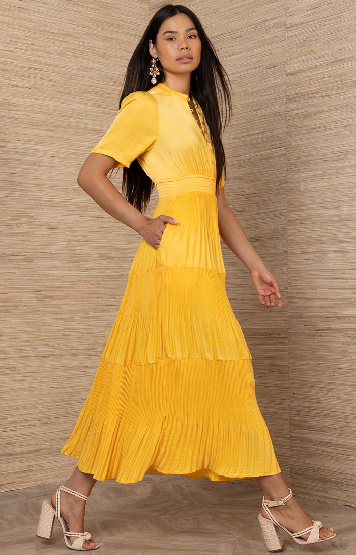 Vale Charmeuse Solid Maxi Dress, color-Yellow