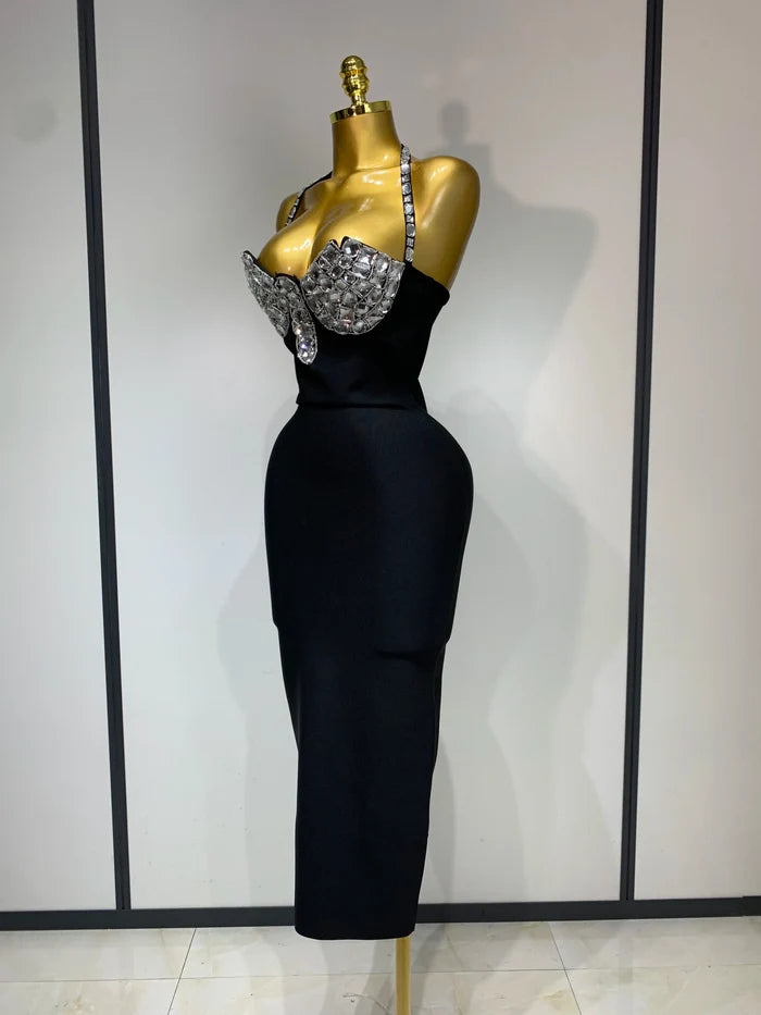 Vanessa black halter backless diamond bodycon bandage dress – luxury evening and birthday gown.