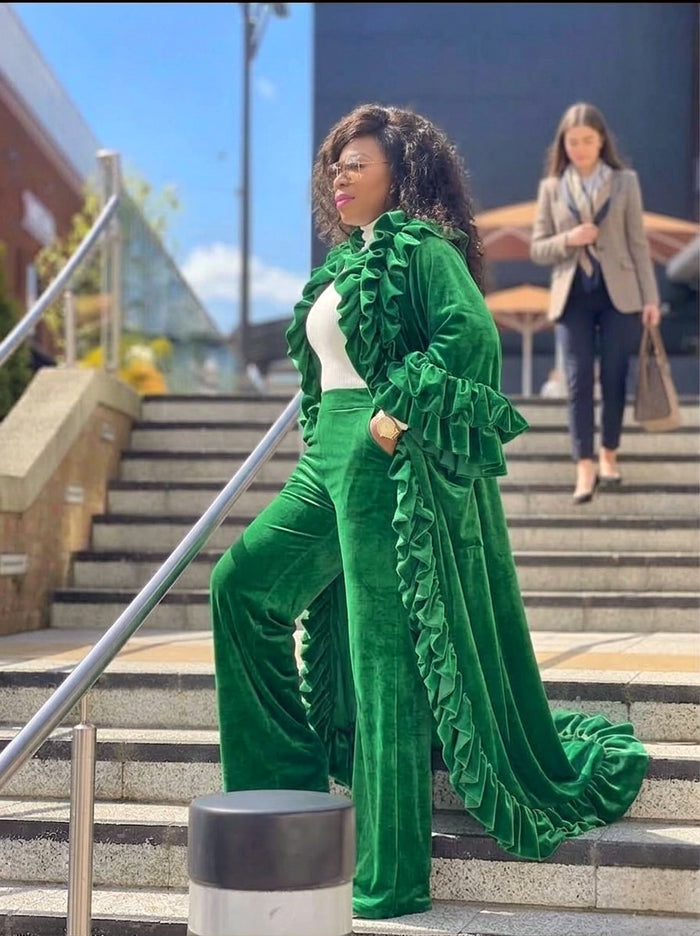 Velvet ruffle duster coat and tailored pants set luxury two piece outfit for women